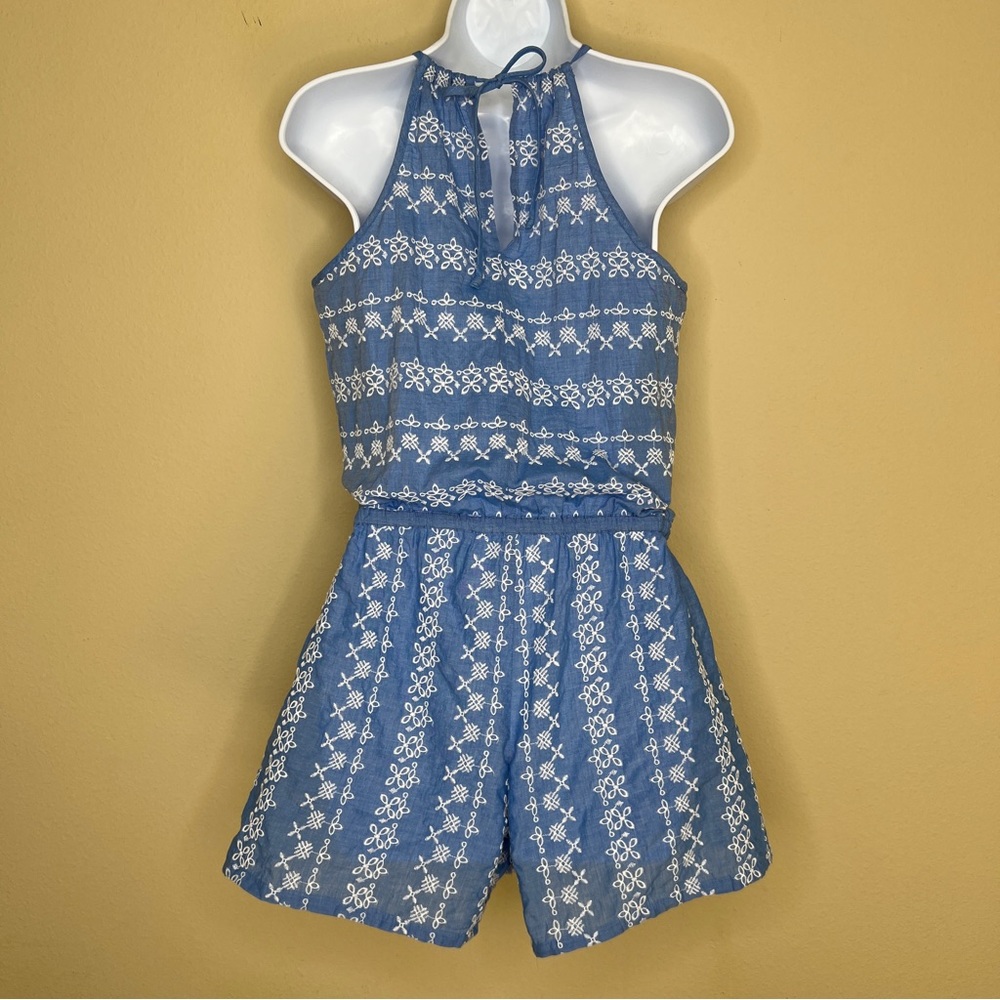 LOFT Blue & White Embroidered Romper with Pockets - Sz XS - Picture 9 of 12